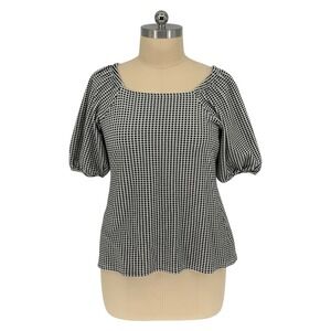 Ava & Viv Blouse Black White Gingham Puff Sleeve Square Neck 1X